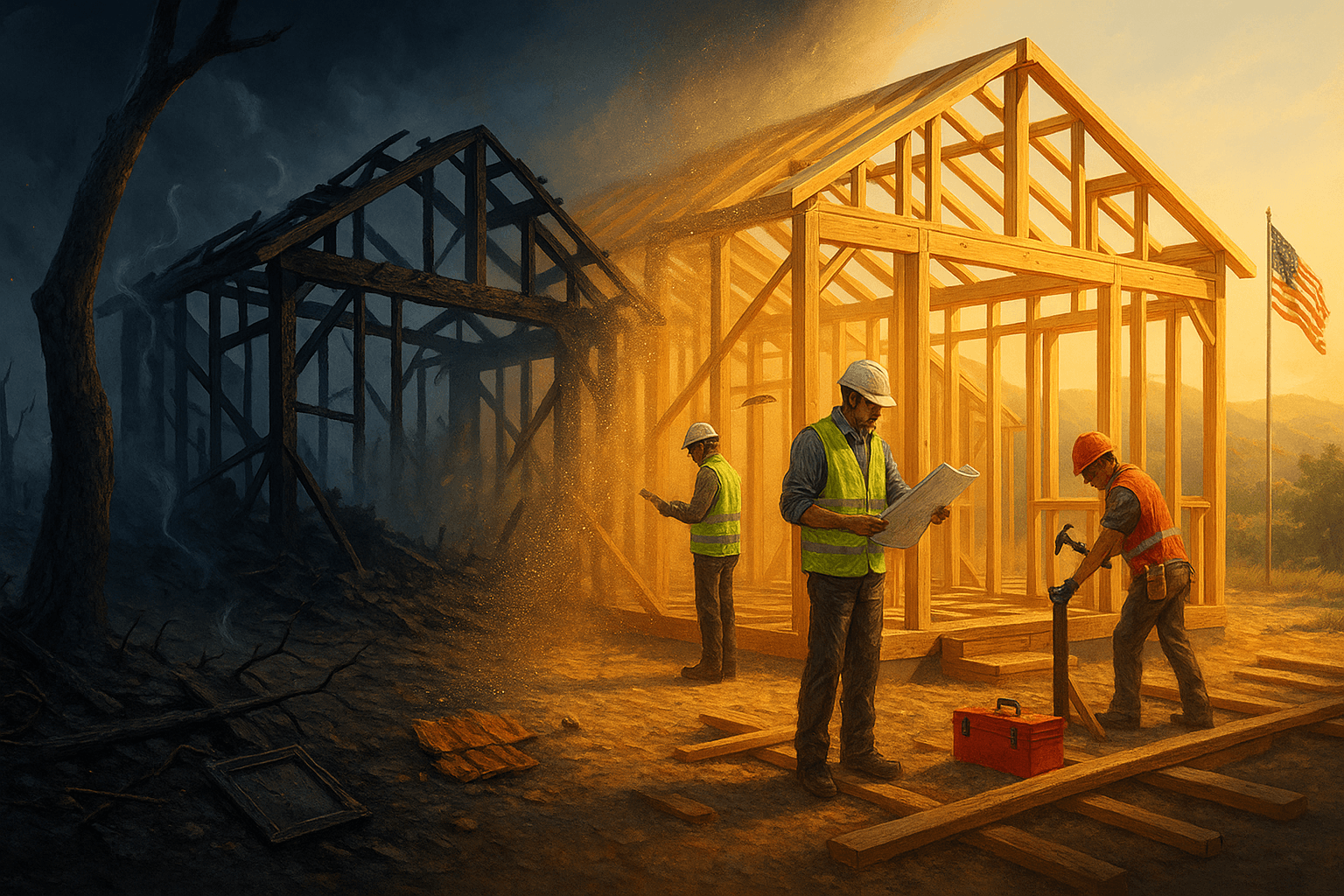 Fire-damaged home and rebuild in progress